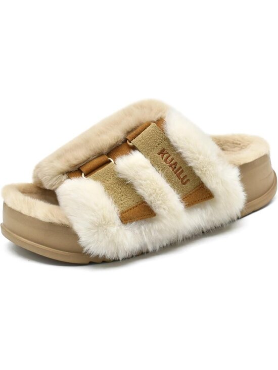 Shoes - Women's Plush Beige Soft Cushioned & Adjustable Fuzzy Faux Fur Slippers Slides